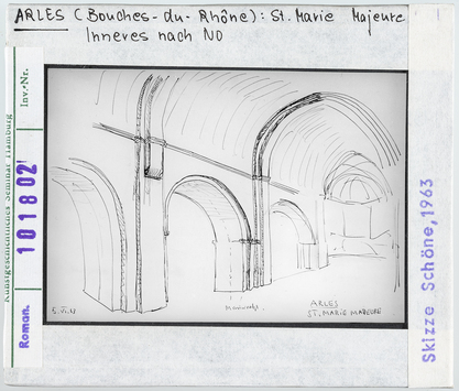 Vorschaubild Arles: Sainte-Marie-Majeure, Inneres nach Nordosten, Skizze Wolfgang Schöne 1963 